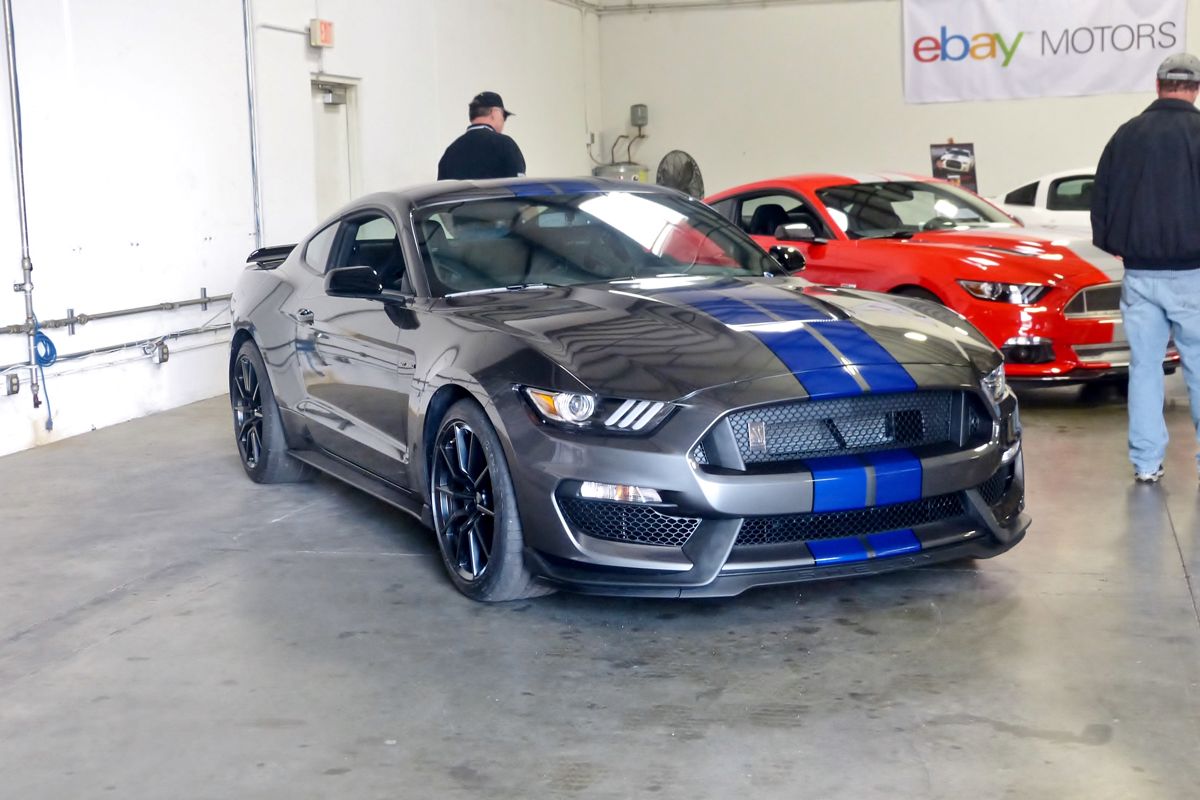 New Ford built GT350 (front) and Shelby American converted Shelby GT (red) had crowds around them all day