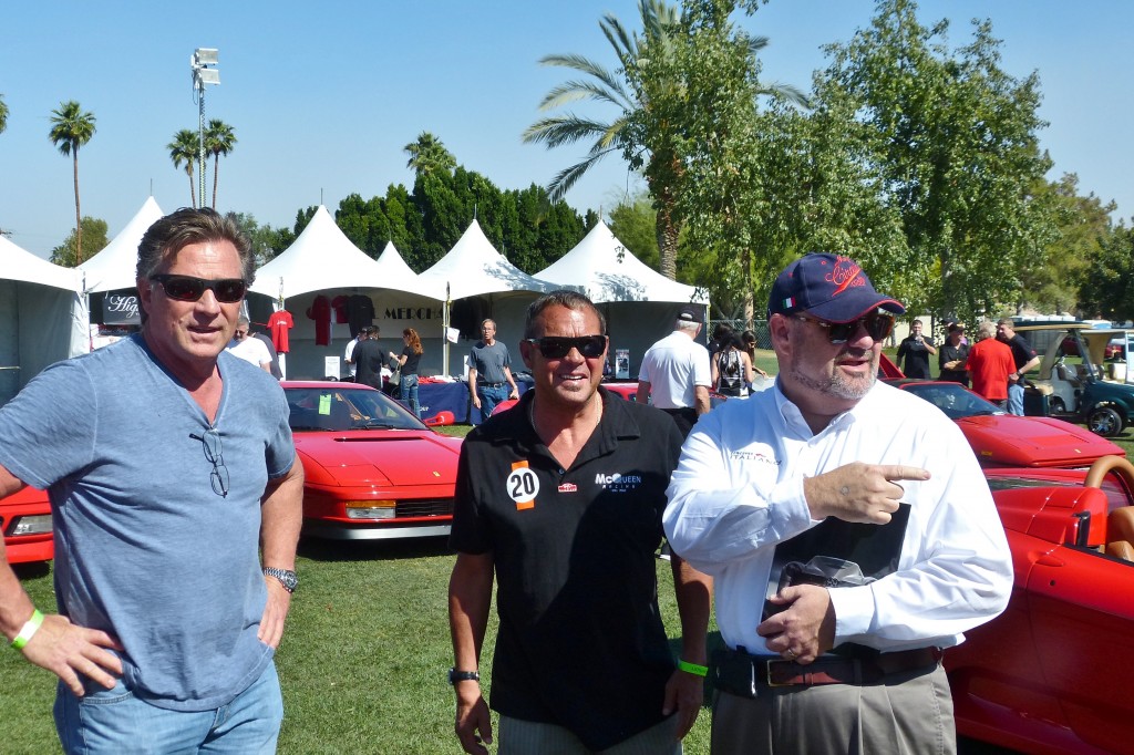 I get by with a little help from my friends; the handsome gent at left is Michael Regalia, one of the games premier automotive restorers, who was there with his fabulous unrestored Ferrari 250 GT Pininfarina Cabriolet Series II.  The tan guy in the middle is Chad McQueen, son of you know who of a similar name.  And the fat guy at right is me