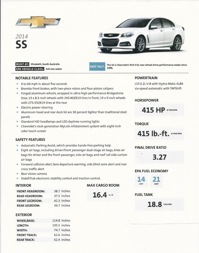 Chevy SS fact sheet