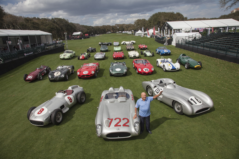The Great Sir Stirling Moss with 25 race cars he's driven over time