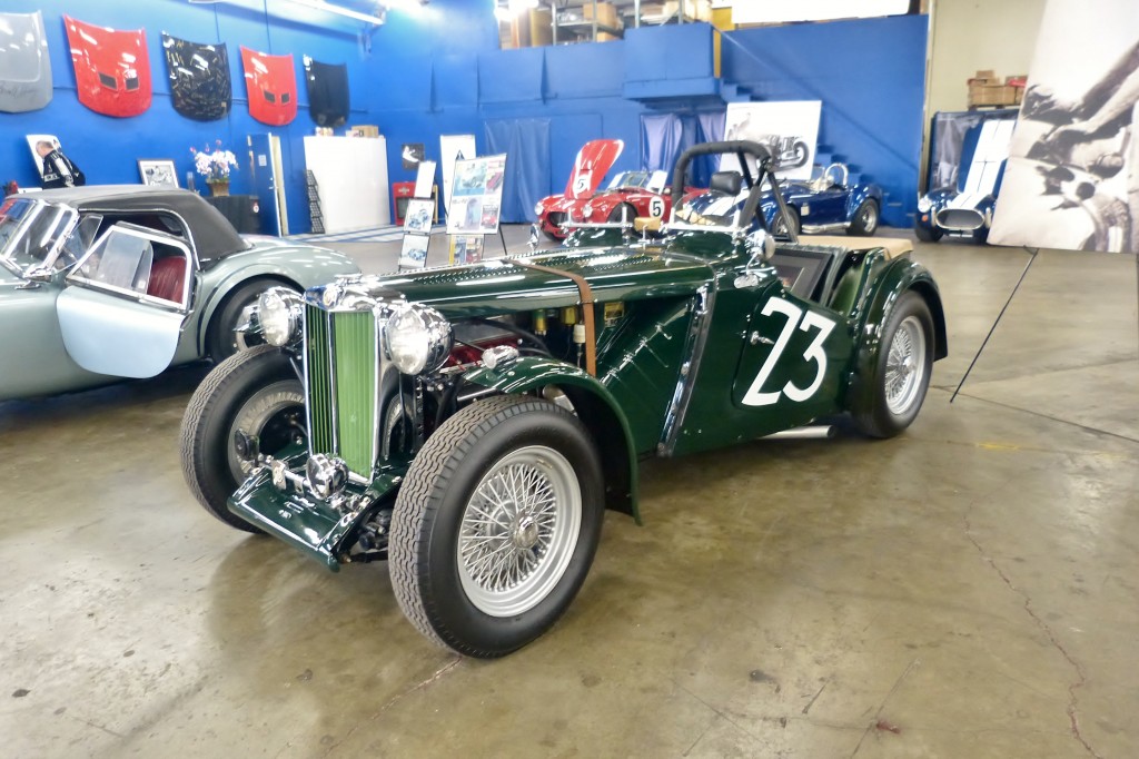 Carroll Shelby's first race car, this charming British Racing Green MG proudly on display inside the Shelby Los Angeles warehouse, is now owned by the Shelby family