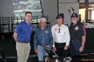 Shelby heroes all; at left is Carroll's grandson Aaron, then Shelby American drivers John Morton, Bob Bondurant, and Allan Grant.